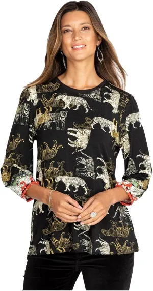 Johnny Was Teeger Knit Puff Sleeve Long Top Tee Shirt Zebra Animal Black New