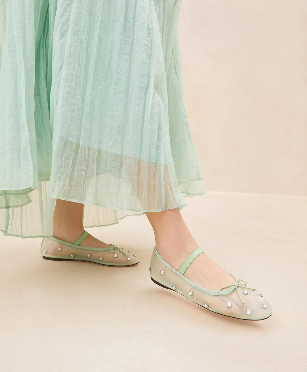 JORISTIMO Crystal Mesh Ballet Flats Stretch Band Snip Toe Ballerinas Flats Mary Jane