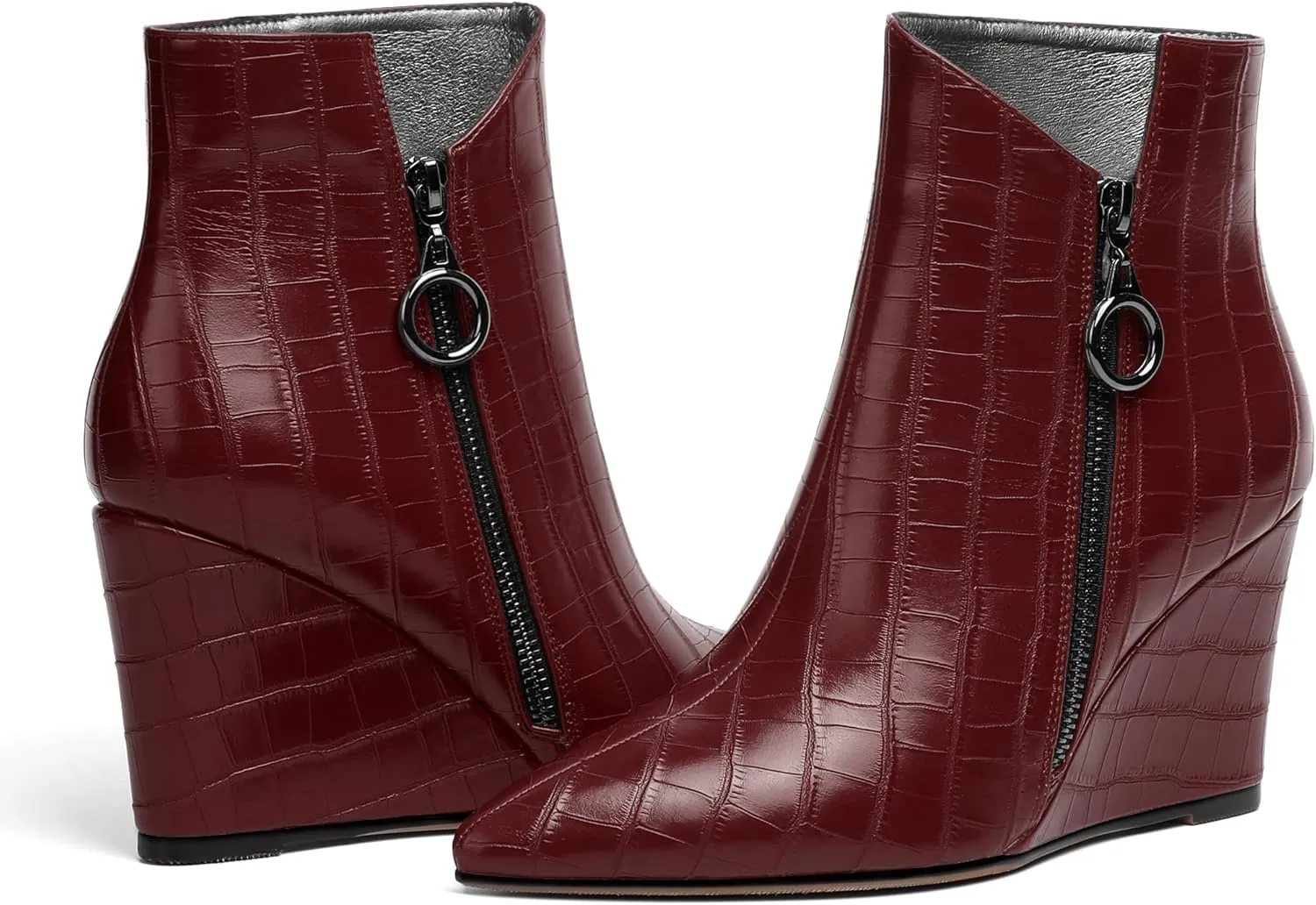 Joseywade Ankle Boots Wedge Heels for Women Pointed Toe Wedge Booties Zipper Closure with Fur 3.5 Inches Short Boots