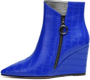 Joseywade Ankle Boots Wedge Heels for Women Pointed Toe Wedge Booties Zipper Closure with Fur 3.5 Inches Short Boots