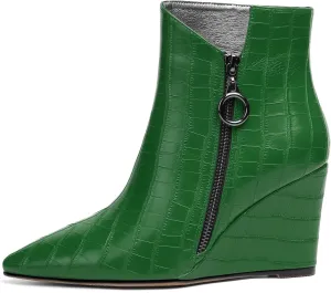 Joseywade Ankle Boots Wedge Heels for Women Pointed Toe Wedge Booties Zipper Closure with Fur 3.5 Inches Short Boots