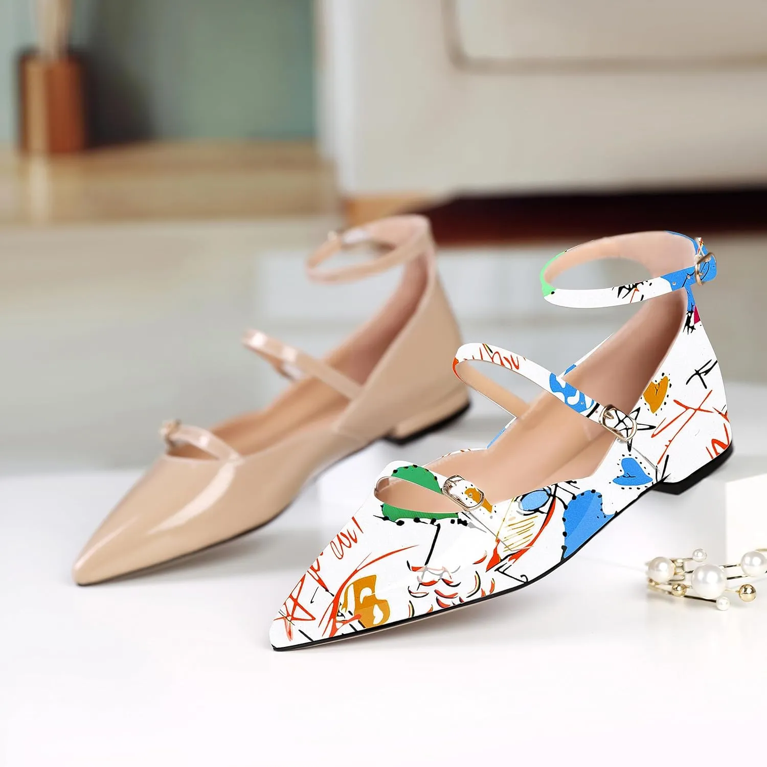 Joseywade Women's Ballet Flat Shoes Ankle Strap Mary Jane Flats Pointed Toe Ballerina Walking Flats Cute Casual Low Comfort Soft Dress Shoes