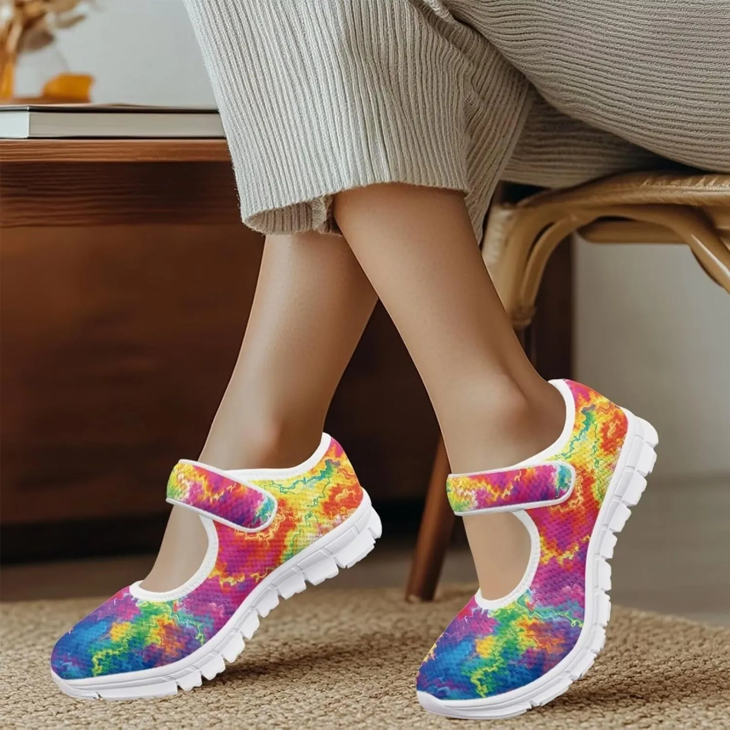 JoyLamoria Rainbow LGBT Walking Shoes Y2K Leopard Flats Arch Support Travel Working Nurse Shoes Light Wight Diabetic Shoes