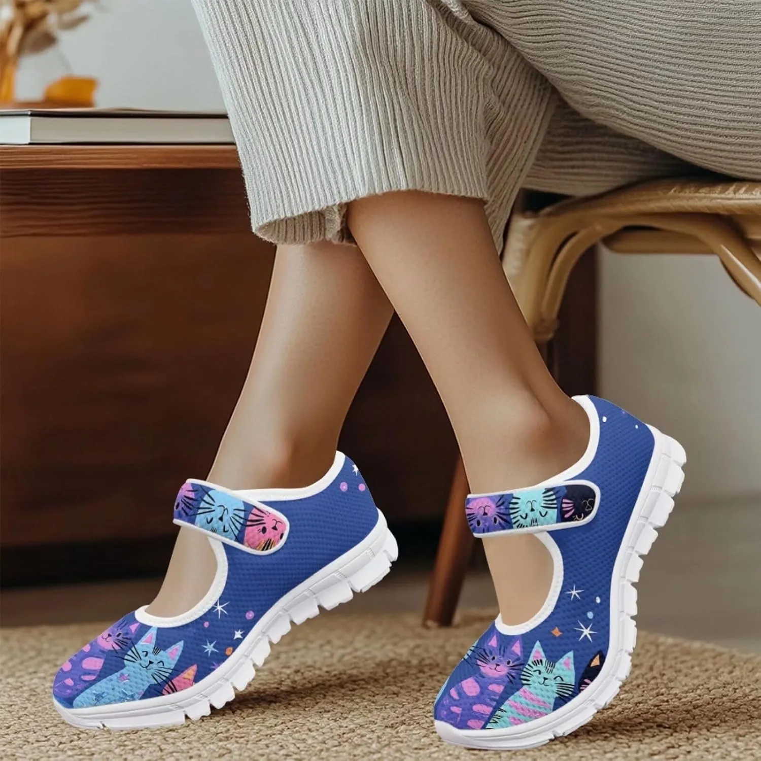 JoyLamoria Womens Walking Shoes Wide Diabetic Shoes Cute Cat Print Adjustable Barefoot Shoes Breathable Mary Jane Flats
