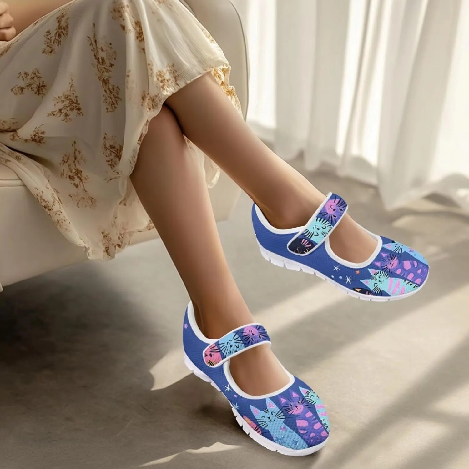 JoyLamoria Womens Walking Shoes Wide Diabetic Shoes Cute Cat Print Adjustable Barefoot Shoes Breathable Mary Jane Flats