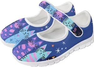 JoyLamoria Womens Walking Shoes Wide Diabetic Shoes Cute Cat Print Adjustable Barefoot Shoes Breathable Mary Jane Flats