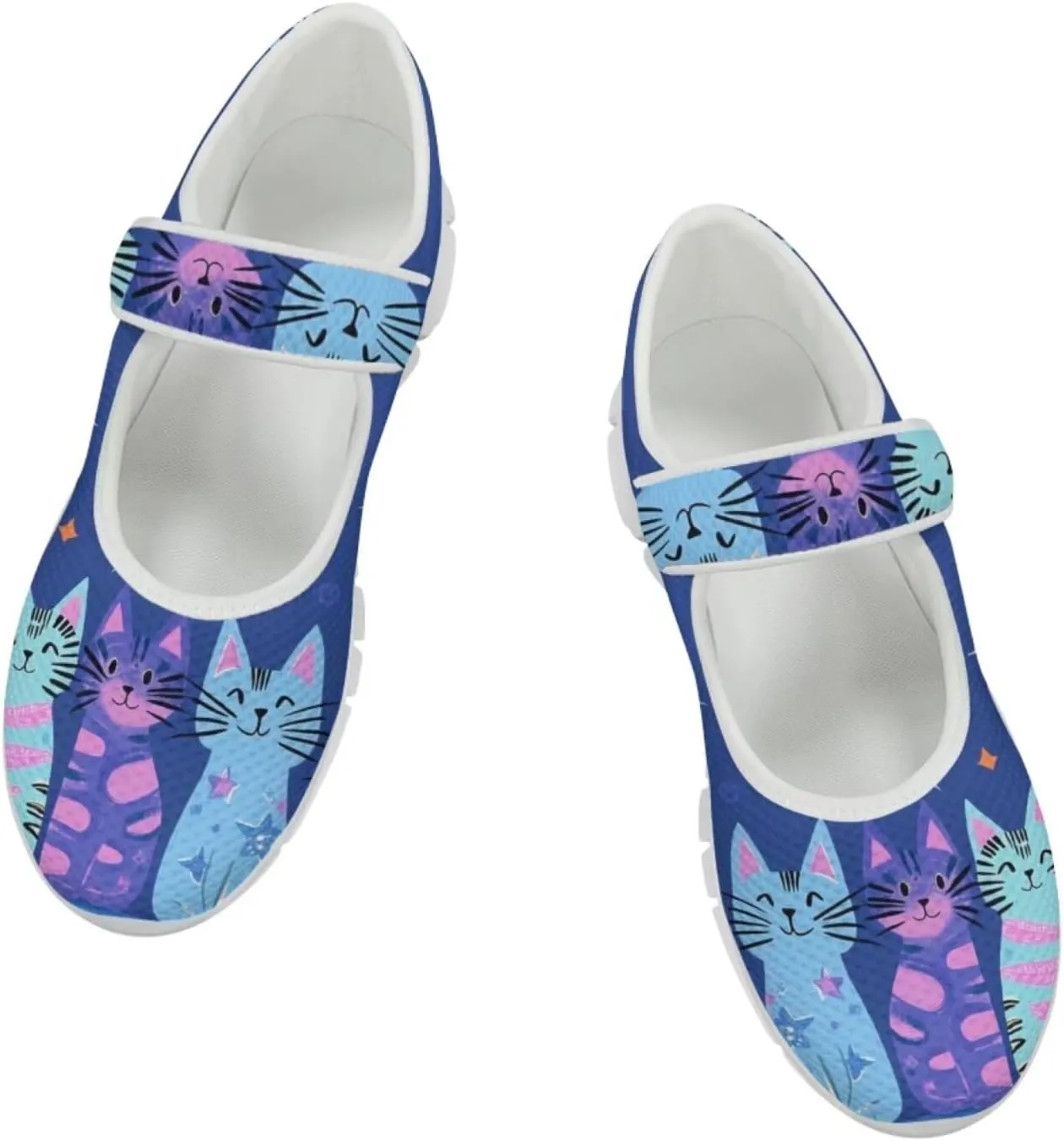 JoyLamoria Womens Walking Shoes Wide Diabetic Shoes Cute Cat Print Adjustable Barefoot Shoes Breathable Mary Jane Flats