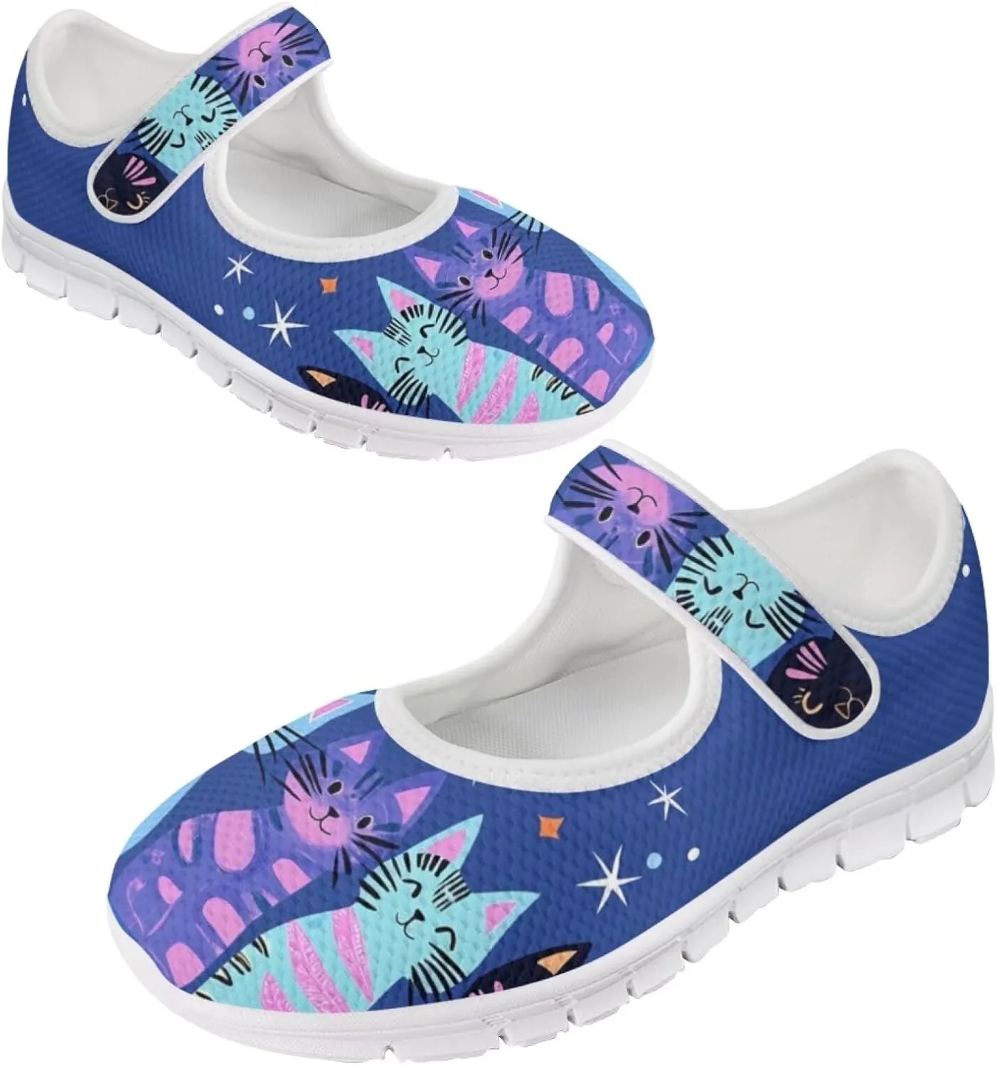 JoyLamoria Womens Walking Shoes Wide Diabetic Shoes Cute Cat Print Adjustable Barefoot Shoes Breathable Mary Jane Flats