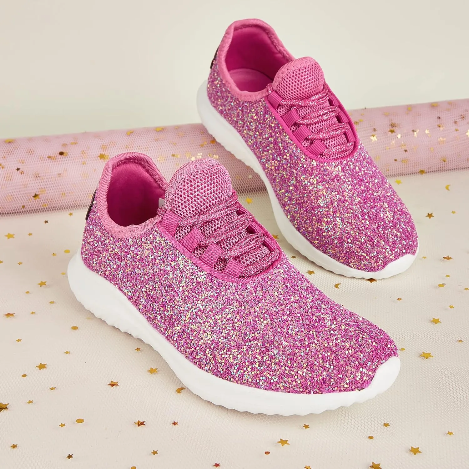K KIP WOK Girls Glitter Sneakers Sparkle Slip On Walking Shoes for Kids/Children Breathable Running Sneakers