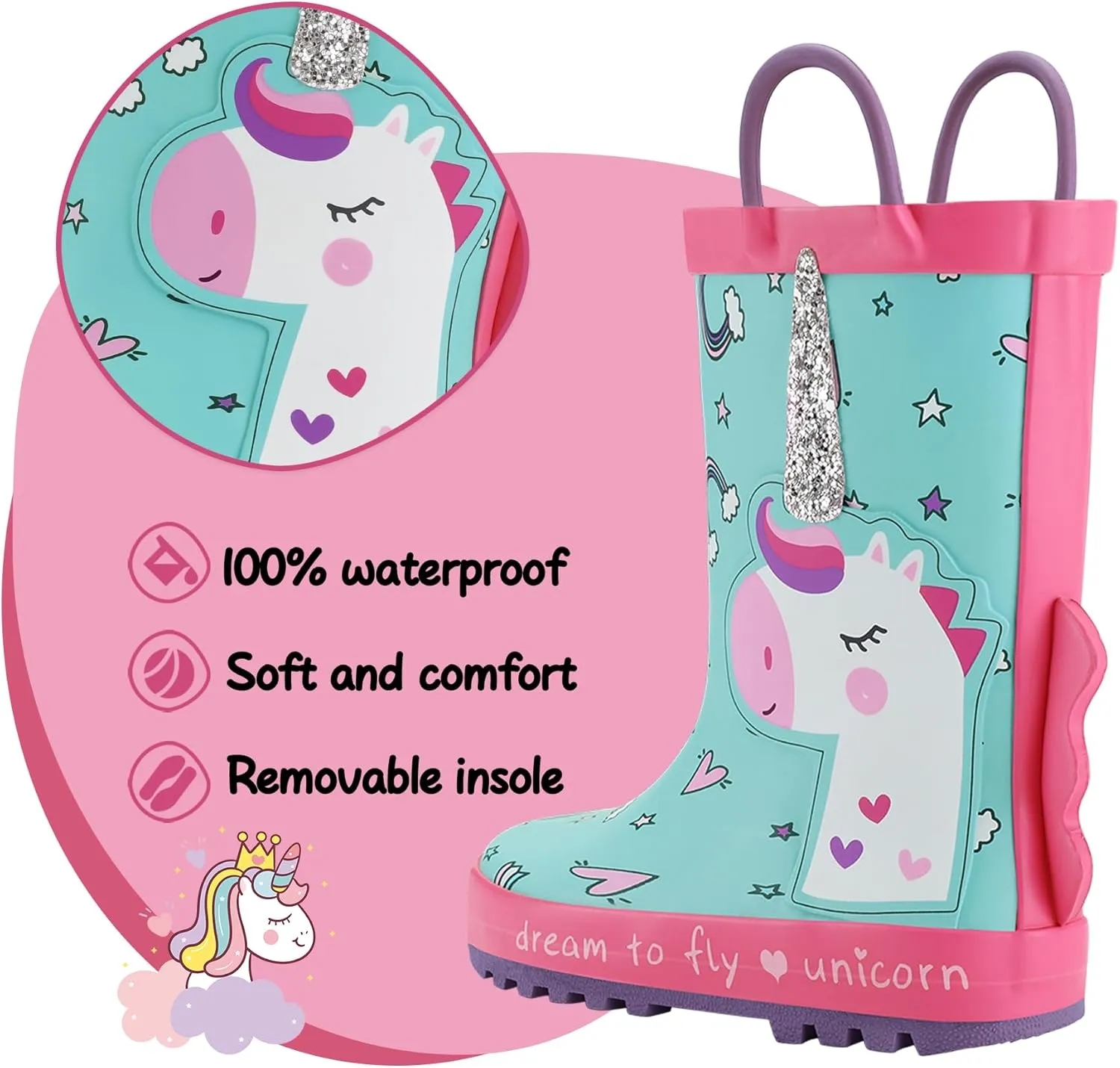 K KomForme Kids Rain Boots Waterproof Printed Rubber boots with Handles