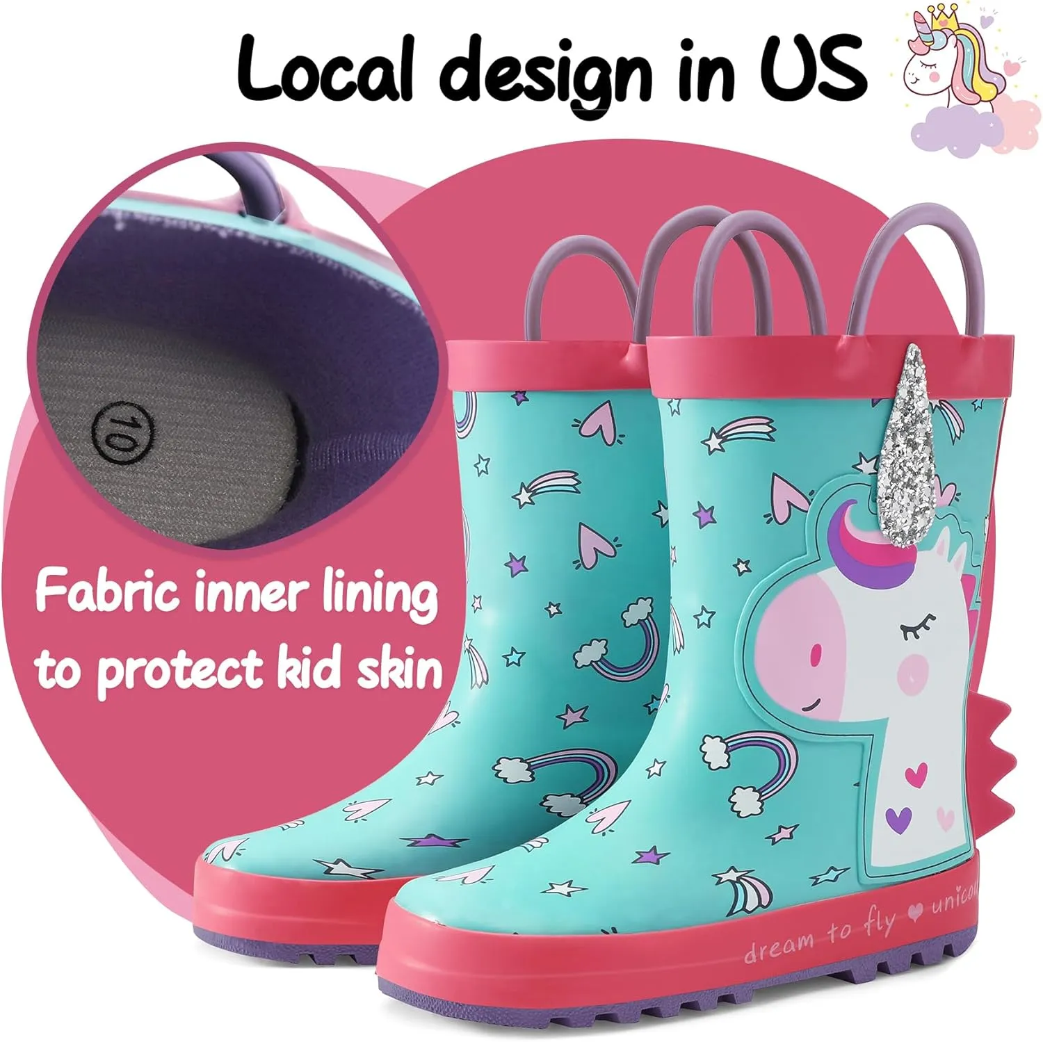 K KomForme Kids Rain Boots Waterproof Printed Rubber boots with Handles