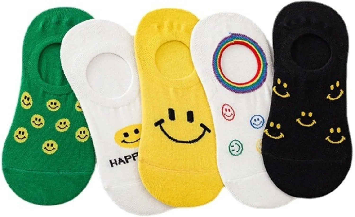 Kawaii Women No Show Socks with Smiley Face Non Slip Cushioned Invisible Liner Low Cut Socks 5 Pairs