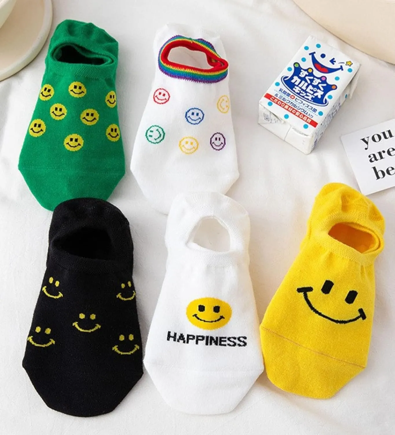 Kawaii Women No Show Socks with Smiley Face Non Slip Cushioned Invisible Liner Low Cut Socks 5 Pairs