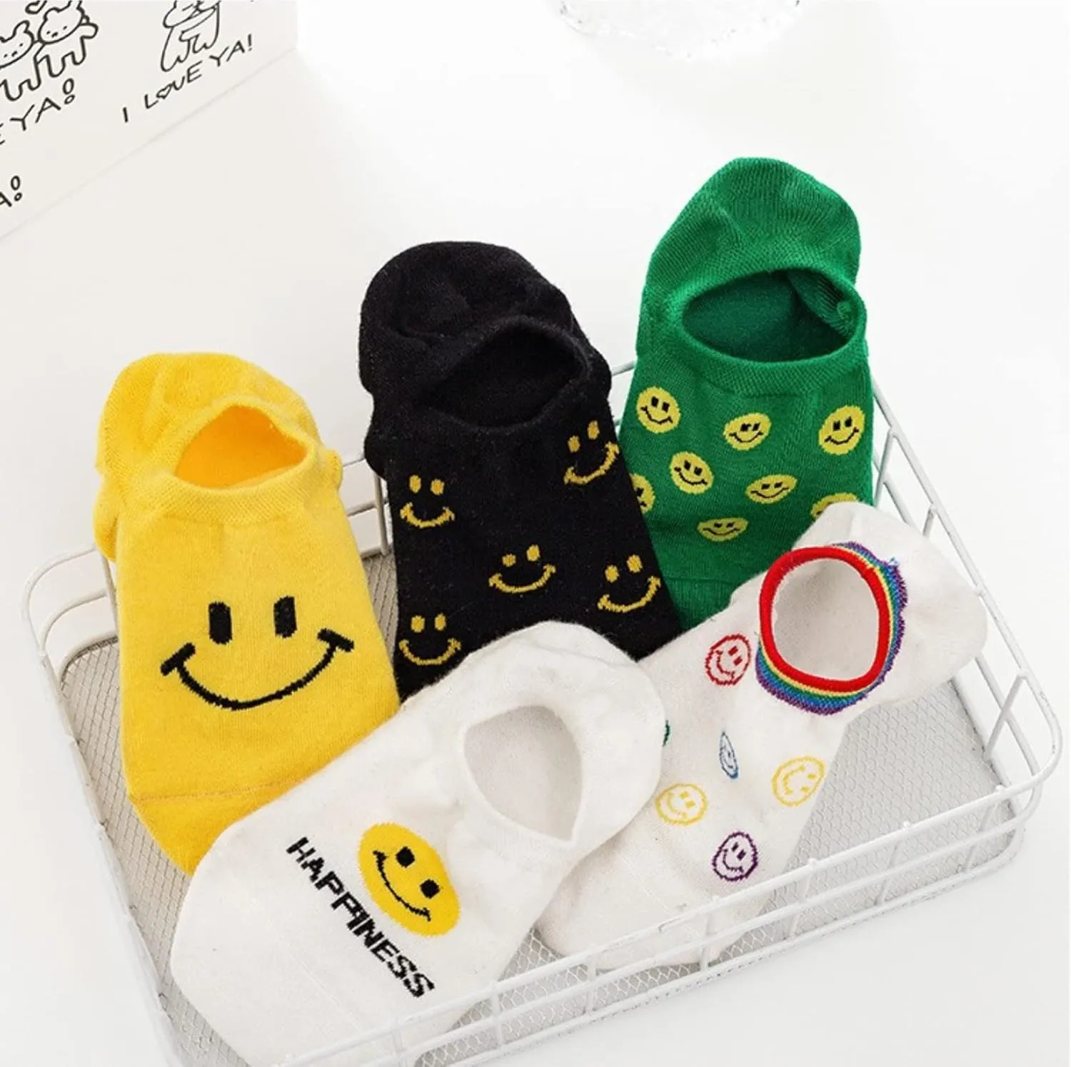 Kawaii Women No Show Socks with Smiley Face Non Slip Cushioned Invisible Liner Low Cut Socks 5 Pairs
