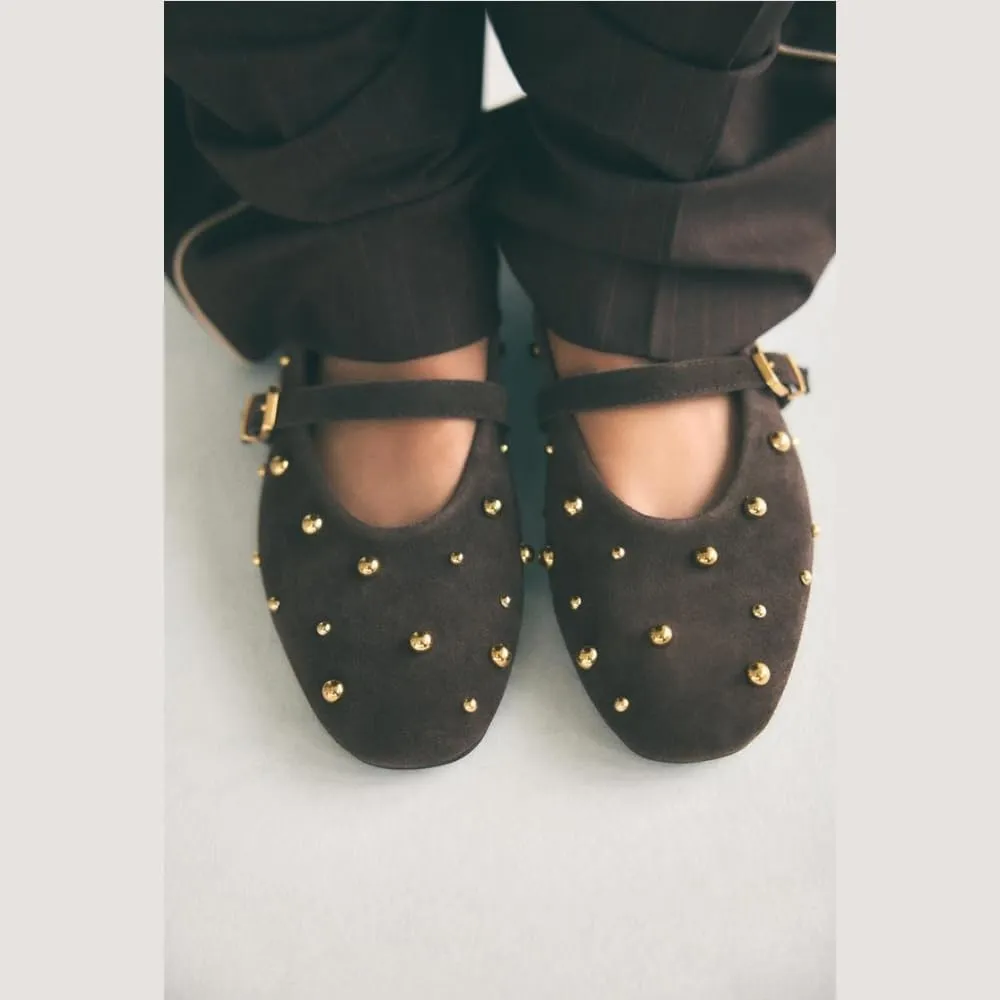 keleimusi Suede Ballet Flats for Women Cute Round Toe Slip On Studded Mary Jane Flats Casual Ballerina Shoes with Strap