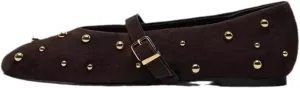 keleimusi Suede Ballet Flats for Women Cute Round Toe Slip On Studded Mary Jane Flats Casual Ballerina Shoes with Strap