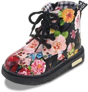 Kid Girl's Floral Boots Lace Up Booties Black Flower,Little Kid Size 11.5