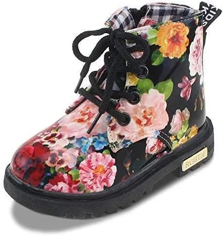 Kid Girl's Floral Boots Lace Up Booties Black Flower,Little Kid Size 11.5