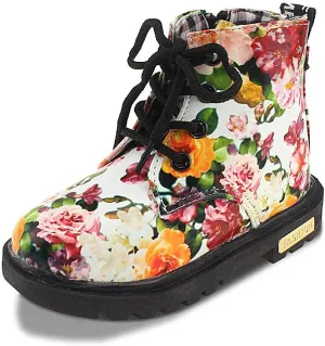 Kid Girl's Floral Boots Lace Up Booties White Flower,Toddler Size 6.5