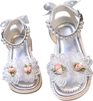Kids Sandals Summer Soft Lightweight Rubber Sole Fashion Personality Beaded Strap Girls Pearl Dress Sandals Dressy