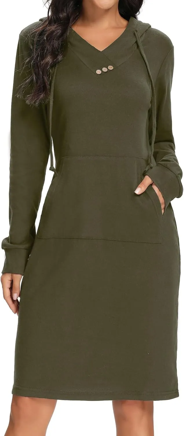 Kimmery Long Sleeve Dress for Women Lightweight Kangaroo Pocket Hoodie Dress Fall Sweatshirts for Women