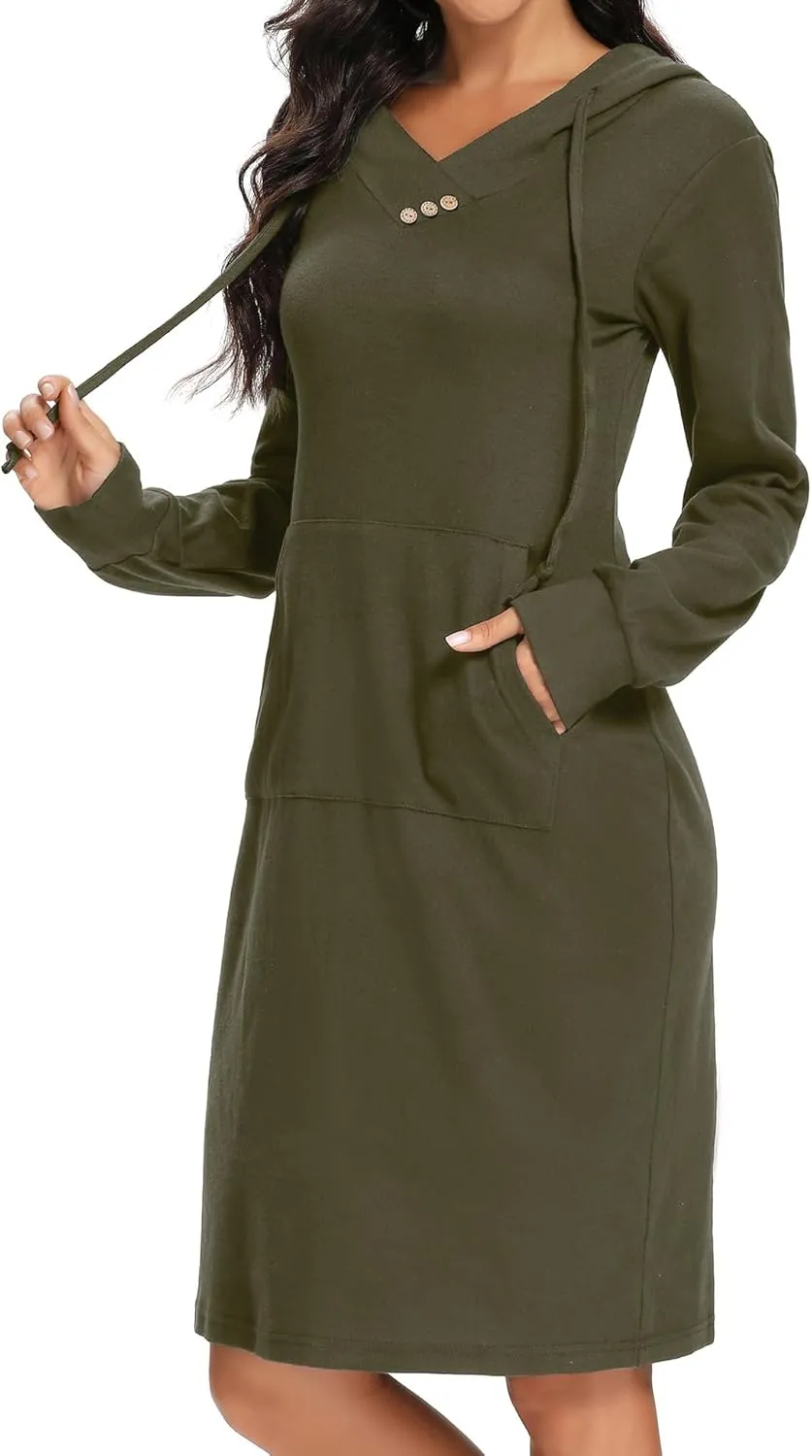 Kimmery Long Sleeve Dress for Women Lightweight Kangaroo Pocket Hoodie Dress Fall Sweatshirts for Women