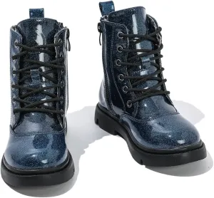 kkdom Boys Girls Waterproof Outdoor Glitter Lace Up Side Zipper Mid Calf Combat Boots(Toddler/Little Kid/Big Kid)