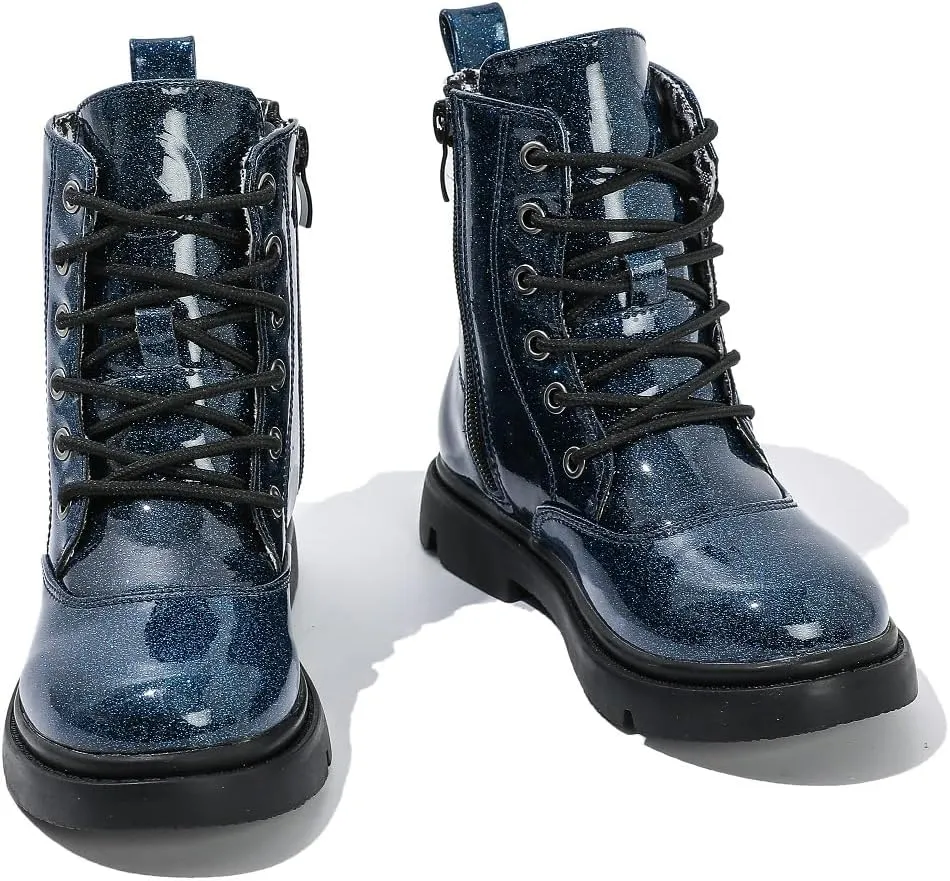 kkdom Boys Girls Waterproof Outdoor Glitter Lace Up Side Zipper Mid Calf Combat Boots(Toddler/Little Kid/Big Kid)