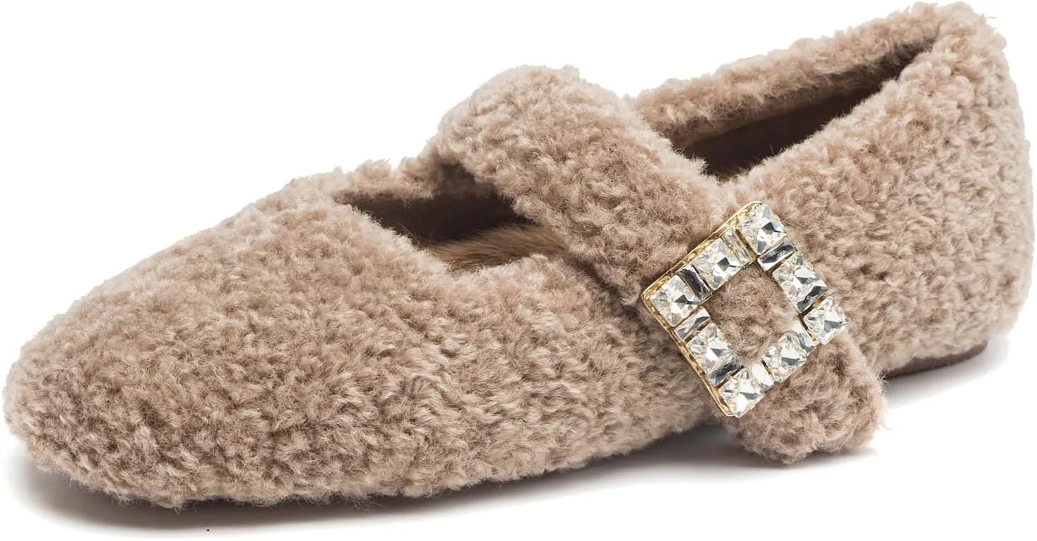 Kluolandi Women's Shearling Ballet Flats with Strap Warm Rabbit Fur Lined Crystal Buckle Mary Jane Flat Shoes