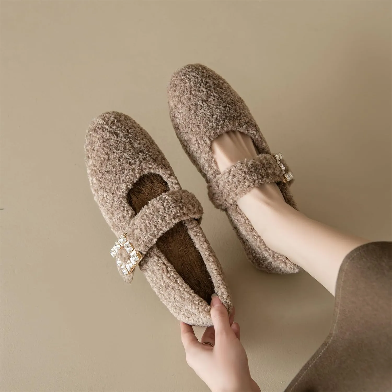 Kluolandi Women's Shearling Ballet Flats with Strap Warm Rabbit Fur Lined Crystal Buckle Mary Jane Flat Shoes