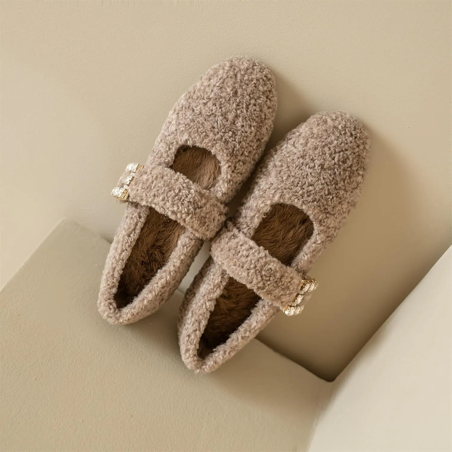 Kluolandi Women's Shearling Ballet Flats with Strap Warm Rabbit Fur Lined Crystal Buckle Mary Jane Flat Shoes