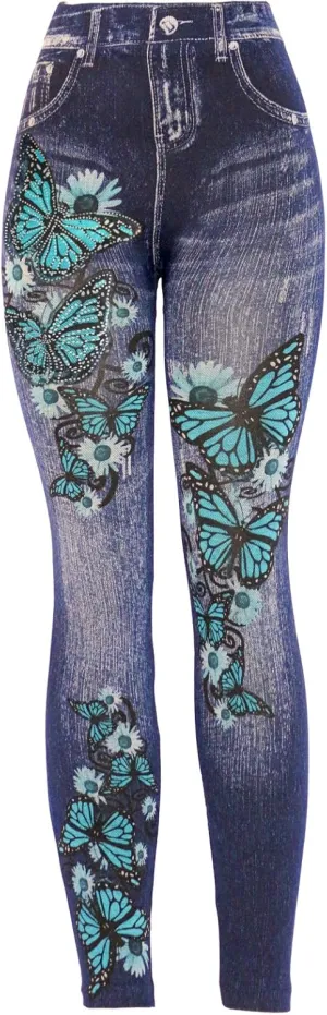 KMystic Women's Denim Print Fake Jeans Leggings