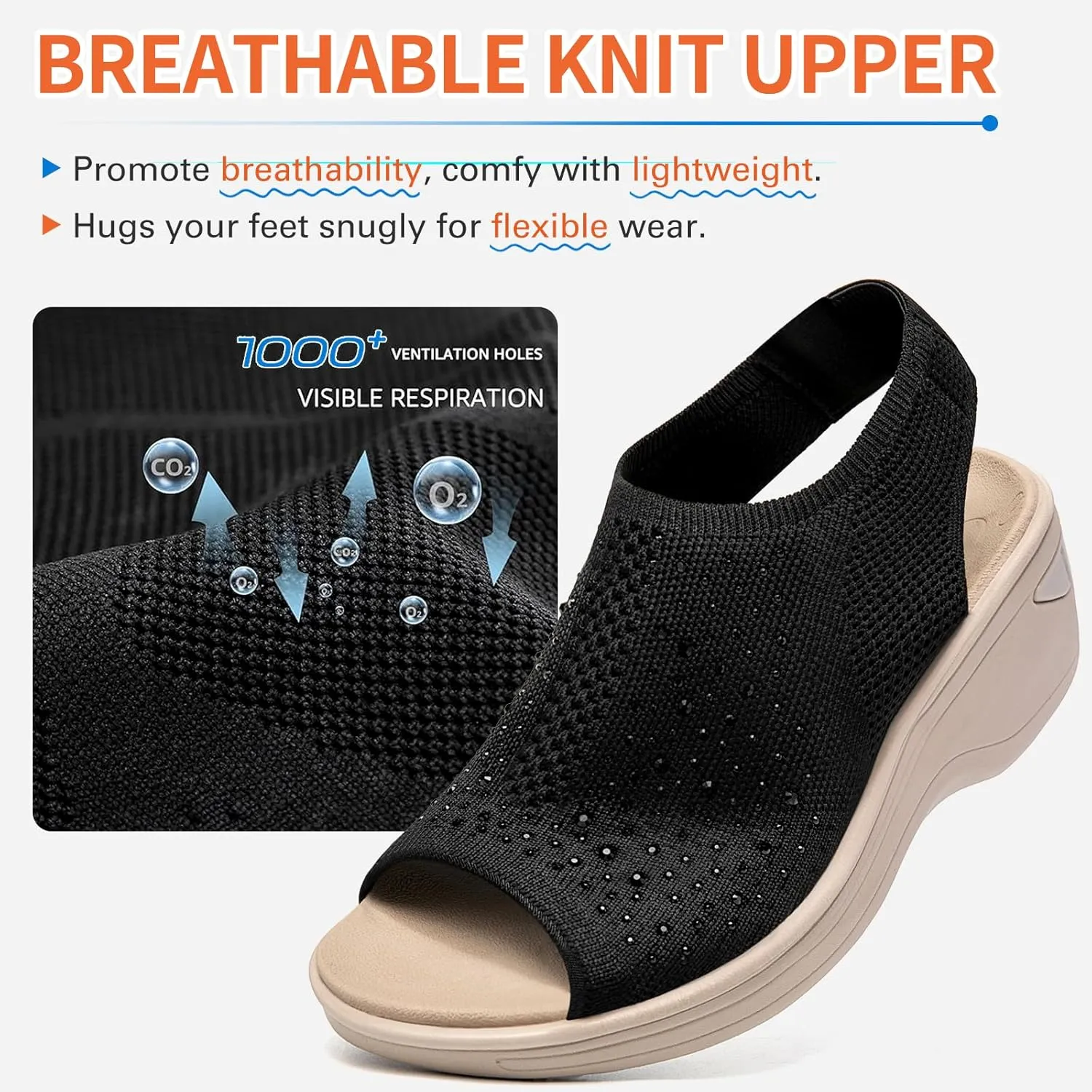 KOIMED Women's Comfortable Platform Walking Sandals With Memory Foam Open Toe Lightweight Breathable Soft Mesh Washable For Summer Travel Casual Beach Outdoor Sport