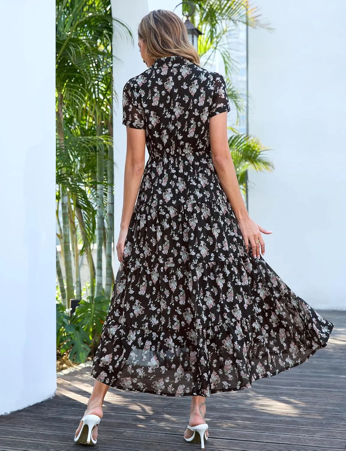 Kranda Women 2025 Summer Collared V Neck Short Sleeve Button Down Chiffon Long Tiered Floral Maxi Dress with Pockets