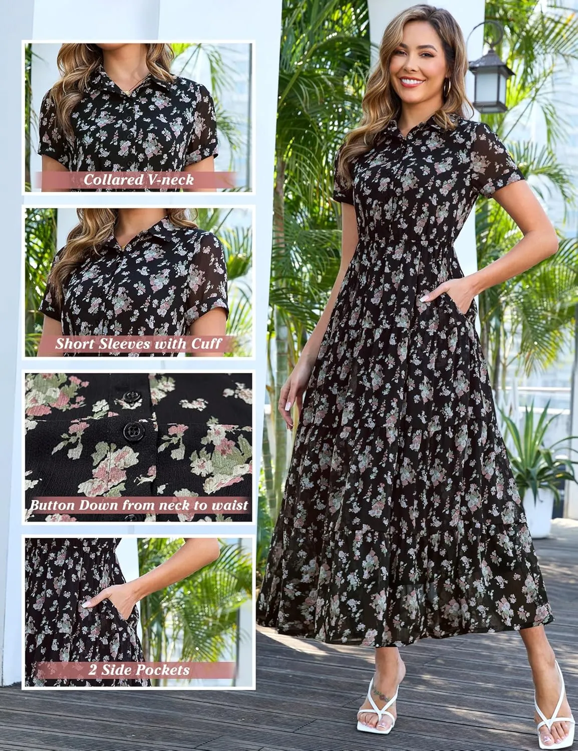 Kranda Women 2025 Summer Collared V Neck Short Sleeve Button Down Chiffon Long Tiered Floral Maxi Dress with Pockets
