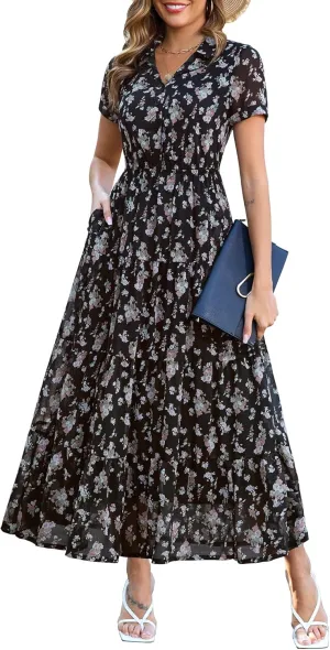 Kranda Women 2025 Summer Collared V Neck Short Sleeve Button Down Chiffon Long Tiered Floral Maxi Dress with Pockets