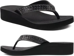 KuaiLu Womens Dressy Rhinestone Platform Flip Flops Trendy Comfortable Arch Support Cushion Walking Thong Sandals Yoga Foam Low Wedge Slippers Summer Pool Beach