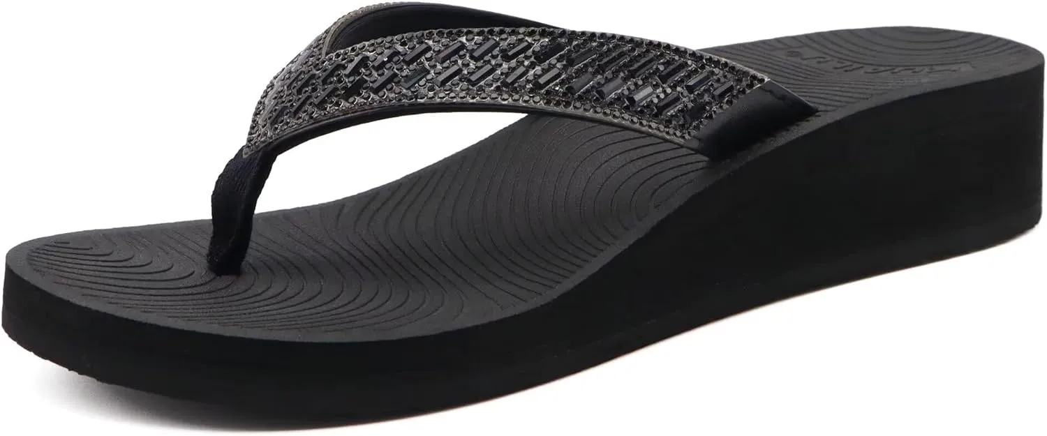 KuaiLu Womens Dressy Rhinestone Platform Flip Flops Trendy Comfortable Arch Support Cushion Walking Thong Sandals Yoga Foam Low Wedge Slippers Summer Pool Beach