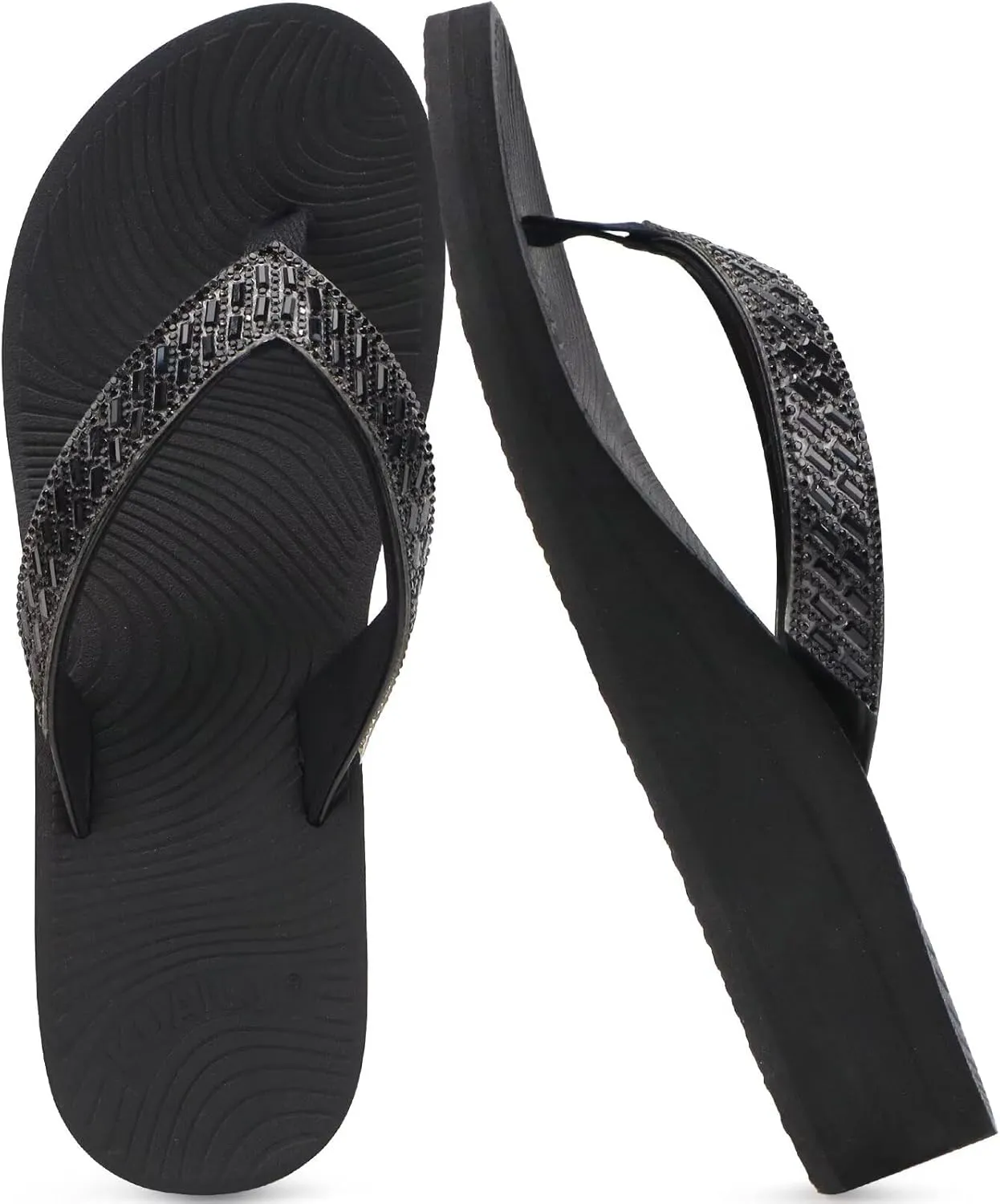 KuaiLu Womens Dressy Rhinestone Platform Flip Flops Trendy Comfortable Arch Support Cushion Walking Thong Sandals Yoga Foam Low Wedge Slippers Summer Pool Beach