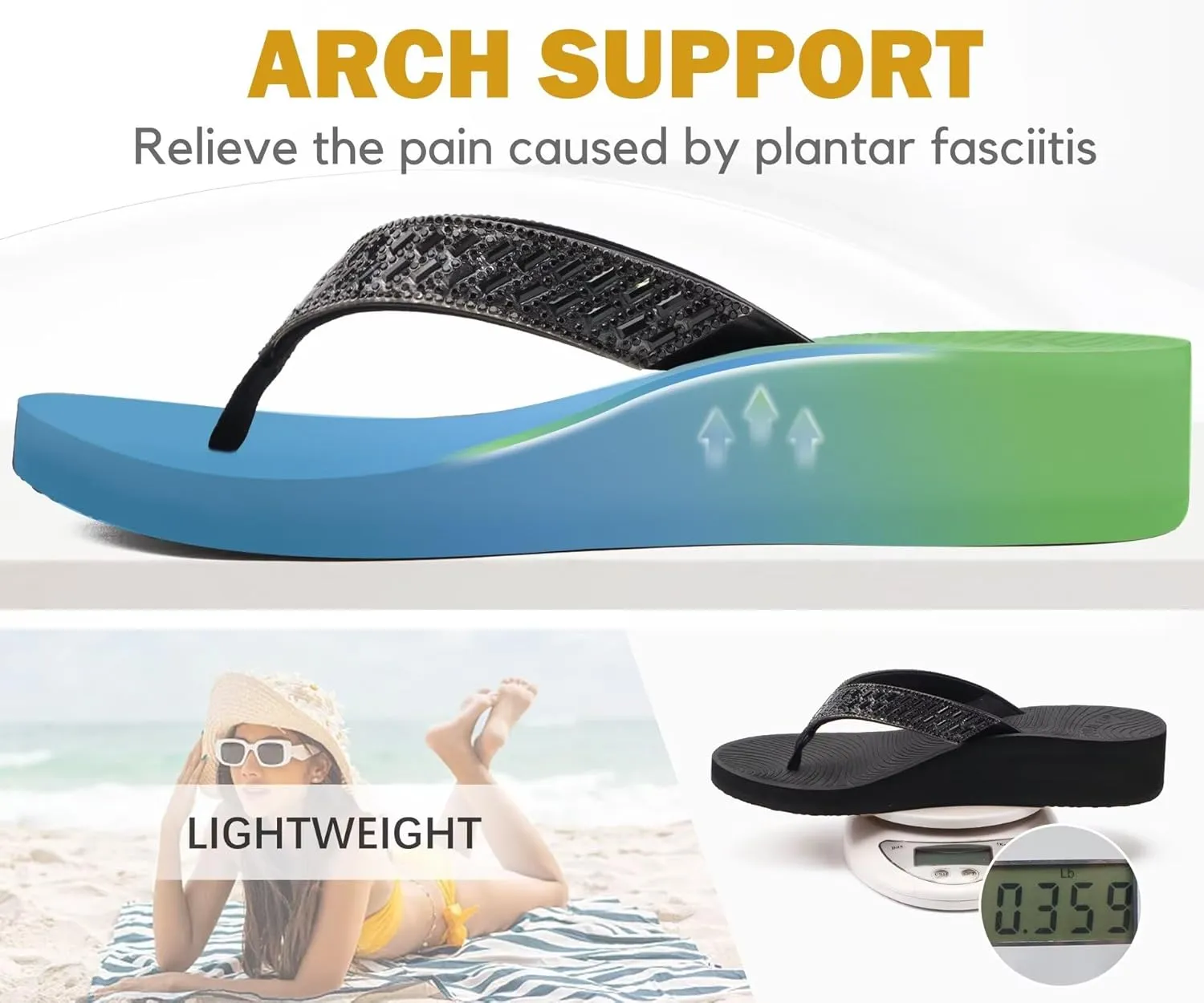 KuaiLu Womens Dressy Rhinestone Platform Flip Flops Trendy Comfortable Arch Support Cushion Walking Thong Sandals Yoga Foam Low Wedge Slippers Summer Pool Beach