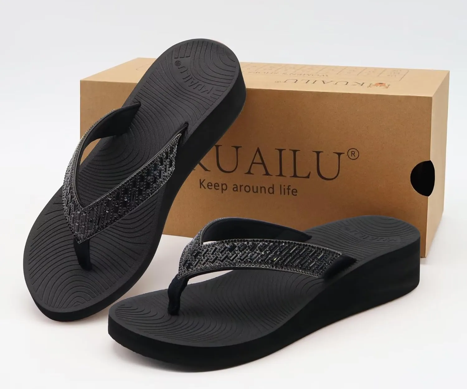 KuaiLu Womens Dressy Rhinestone Platform Flip Flops Trendy Comfortable Arch Support Cushion Walking Thong Sandals Yoga Foam Low Wedge Slippers Summer Pool Beach