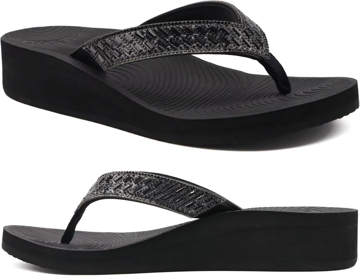 KuaiLu Womens Dressy Rhinestone Platform Flip Flops Trendy Comfortable Arch Support Cushion Walking Thong Sandals Yoga Foam Low Wedge Slippers Summer Pool Beach