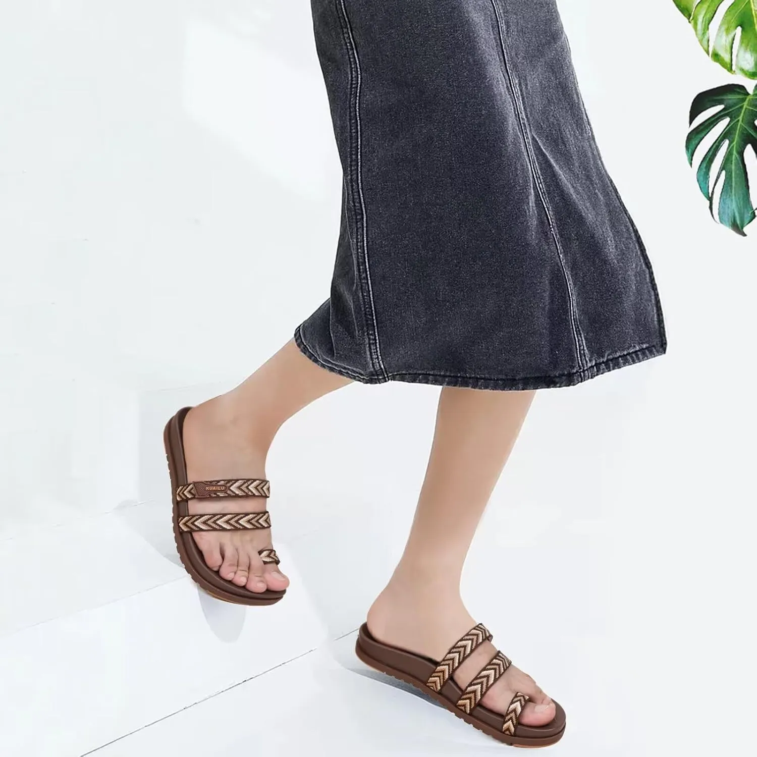 KuaiLu Womens Slides Sandals with Plantar Fasciitis Arch Support Fashion Comfort Adjustable Flat Sandals Ladies Lightweight Orthotic Slip on Sandals