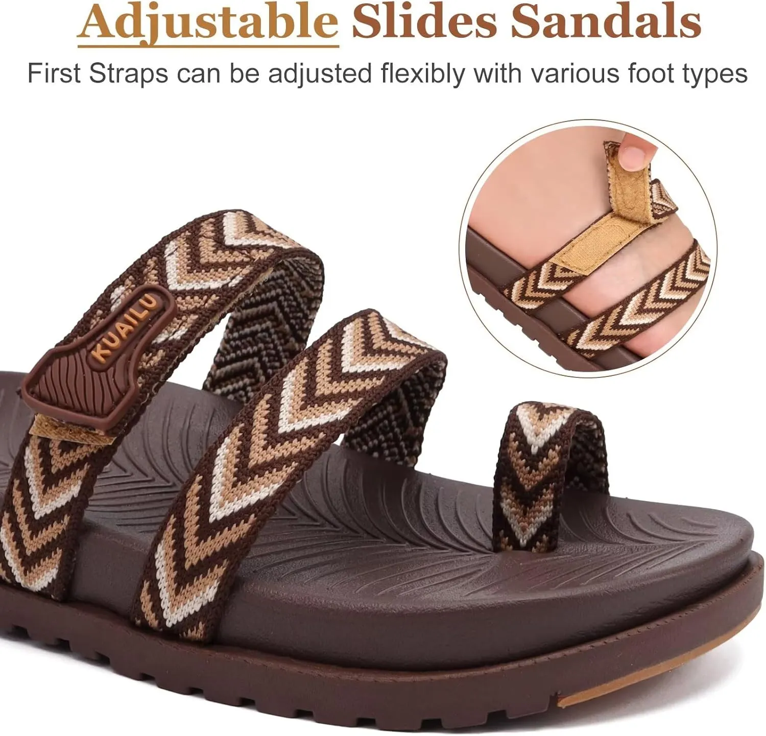 KuaiLu Womens Slides Sandals with Plantar Fasciitis Arch Support Fashion Comfort Adjustable Flat Sandals Ladies Lightweight Orthotic Slip on Sandals