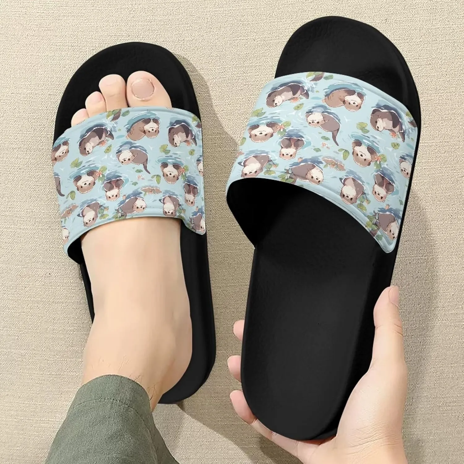 Ladies Pillow House Slide Sandals Open Toe Black Flat Shoes Ultra Cushion Sandals Single Band Bath Shower Shoes Travel-friendly Flip Flops