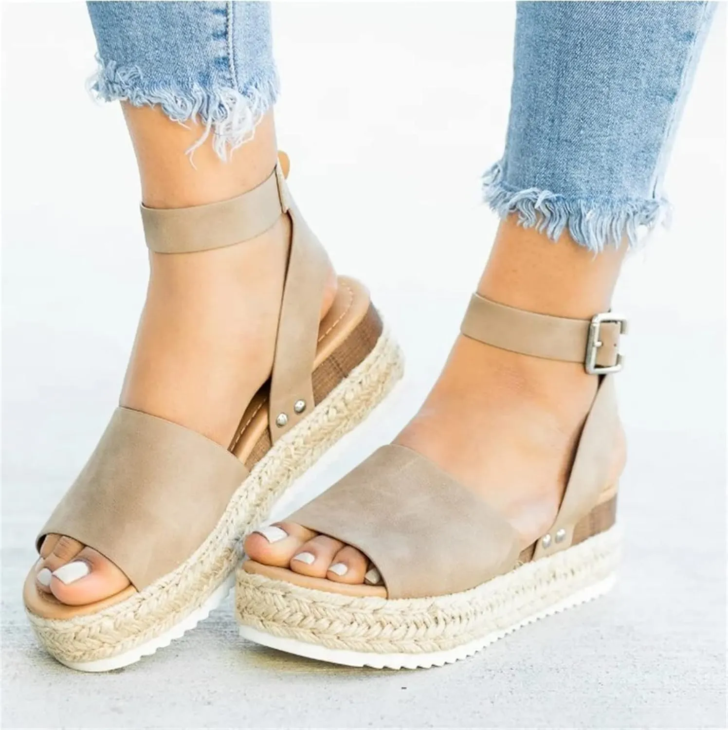Ladmiple Wedge Sandals for Women Dressy Casual Summer Ankle Strap Open Toe High Heel Platform Slip on Espadrilles Sandal
