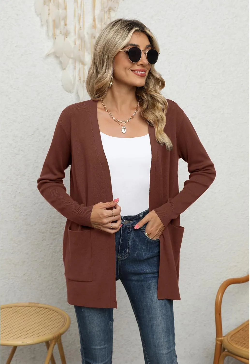 LILBETTER Womens Casual Lightweight Long Sleeve Open Front Cardigan Sweaters with Pockets