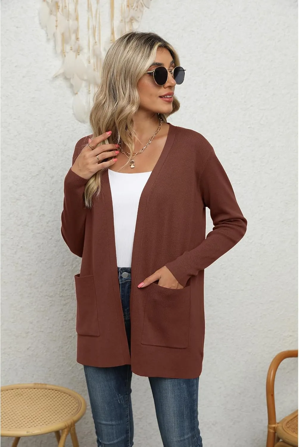 LILBETTER Womens Casual Lightweight Long Sleeve Open Front Cardigan Sweaters with Pockets
