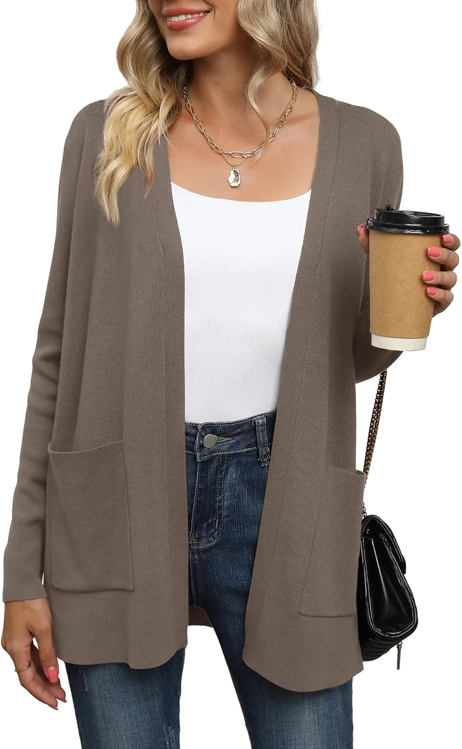 LILBETTER Womens Casual Lightweight Long Sleeve Open Front Cardigan Sweaters with Pockets