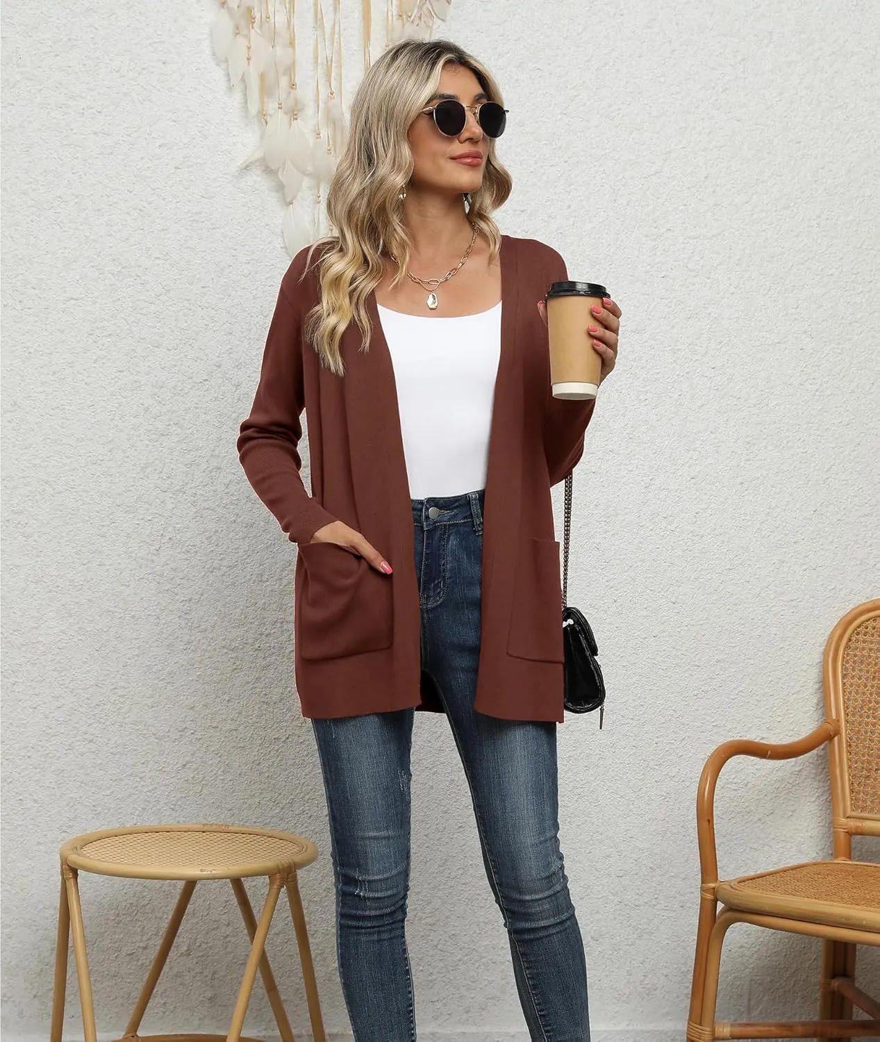 LILBETTER Womens Casual Lightweight Long Sleeve Open Front Cardigan Sweaters with Pockets